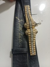 Vintage Judith Lieber black leather belt with gold, rhinestone and onyx buckle