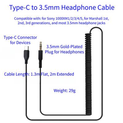 Typ C auf 3,5 mm Audiokabel 2 m für Kopfhörer Federdraht 29 g leicht