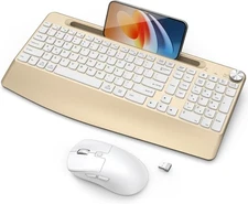 Ergonomic Wireless Keyboard and Mouse with Wrist Rest, Phone Holder, Gold