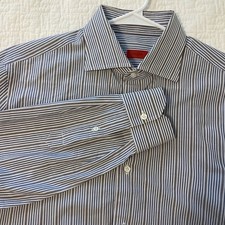 ISAIA NAPOLI Luxury Dress Shirt 16-41 White Blue Striped Button Up Made in Italy