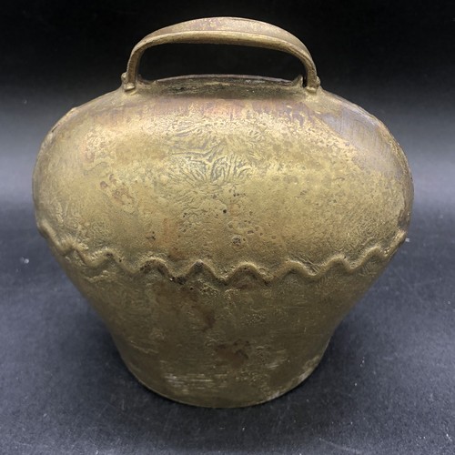 Vtg Brass Rustic Swiss Cow Bell Hand Forged With Lovely Sound 3.75” Tall 4” Wide