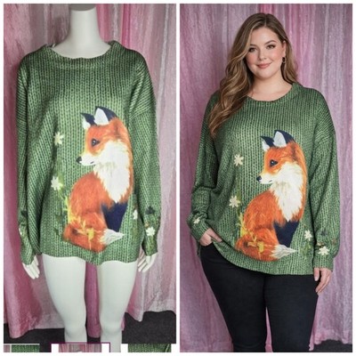 Foxy 3D Fox Graphic Print Animal Lined Pullover Sweater Size 1X Plus 