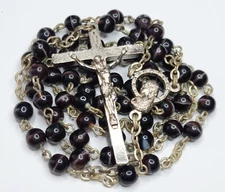Vintage Catholic Rosary Brown Glass Beads Silver Tone Crucifix Mother Mary Italy