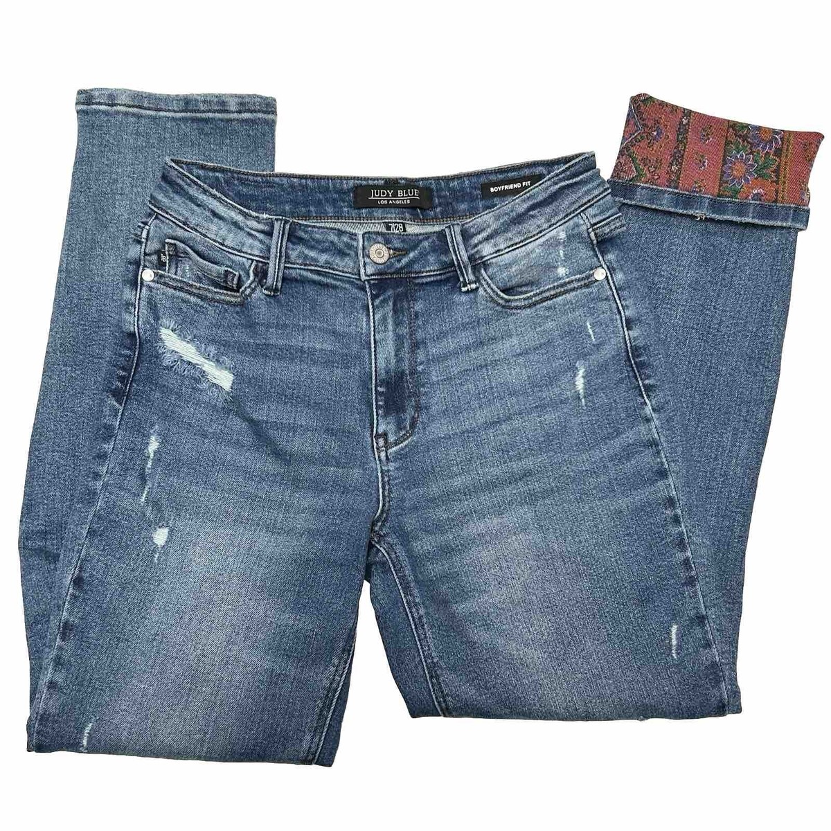 Judy Blue Cuffed Mid-Rise Boyfriend Jeans Size 7/28 Paisley Print