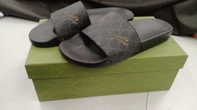 Gucci GG Supreme Slide Tiger Black Gold 407345 G0K00 1084 US 12