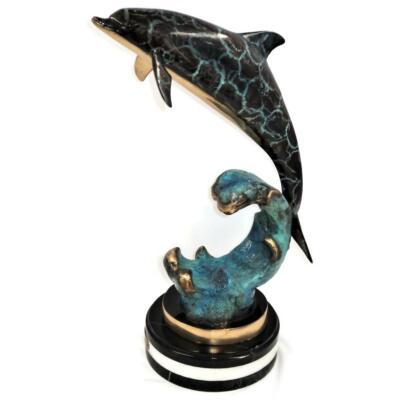 Large Bronze Dolphin Sculpture FLIPPER by W. Aribu on Marble Base