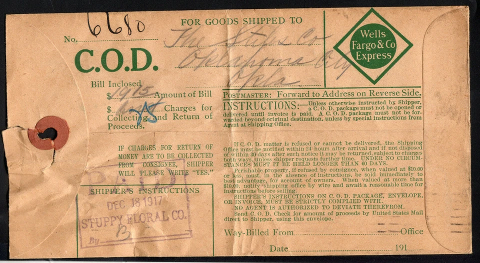 1917 США коллекции при доставке ярлык обложка - Оклахома в Сент-Джозеф, Wells Fargo - Изображение 2 из 3