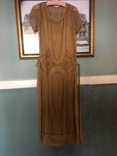 Antique Flapper Gatsby Tan Dress Elaborate Beaded Art Deco Rare Larger Size
