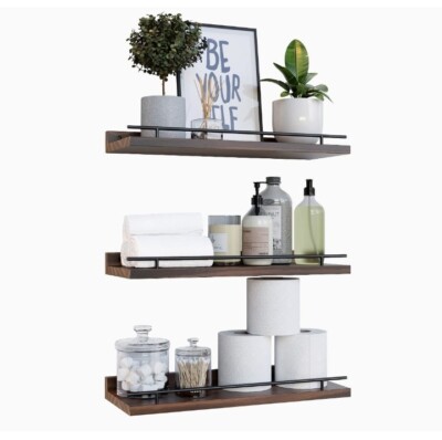 3 Pcs Floating Shelves with Black Metal Guardrail Wall Decor Set