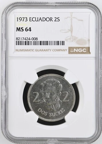 ECUADOR  2  SUCRES  1973  KM # 82 NGC MS64.