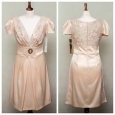 Women ivory cream vintage cap sleeve formal plunge V neck midi satin dress S 8