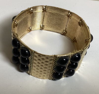 PRETTY VINTAGE GOLDTONE STRETCH PANEL BRACELET WITH BLACK ACCENTS NICE