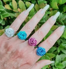 Wire Wrapped Womens Large Swirl Flower Rose Ring Non-Tarnish Silver Pink Blue
