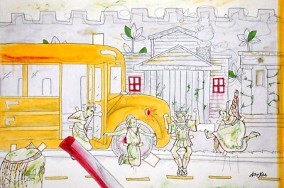 8x12 Original Ink Drawing Comic Ancient Rome School Bus Paper Doll ...