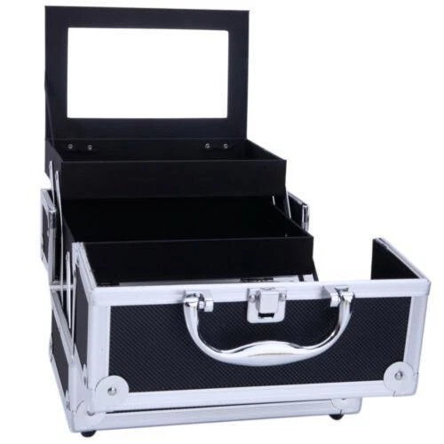 Large Pro Aluminum Makeup Train Case Box Jewelry Cosmetic Organizer with Mirror - Picture 2 of 10