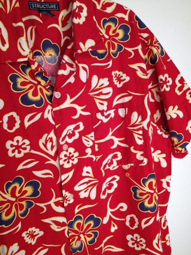Hawaiian Shirt XL Cotton Red w/ Hibiscus Blue Flowers Tropical Camp Floral - Picture 5 of 9