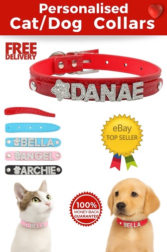 Personalised Dog Cat Pet NAME Collar PU Leather Rhinestone Diamante - Picture 14 of 15