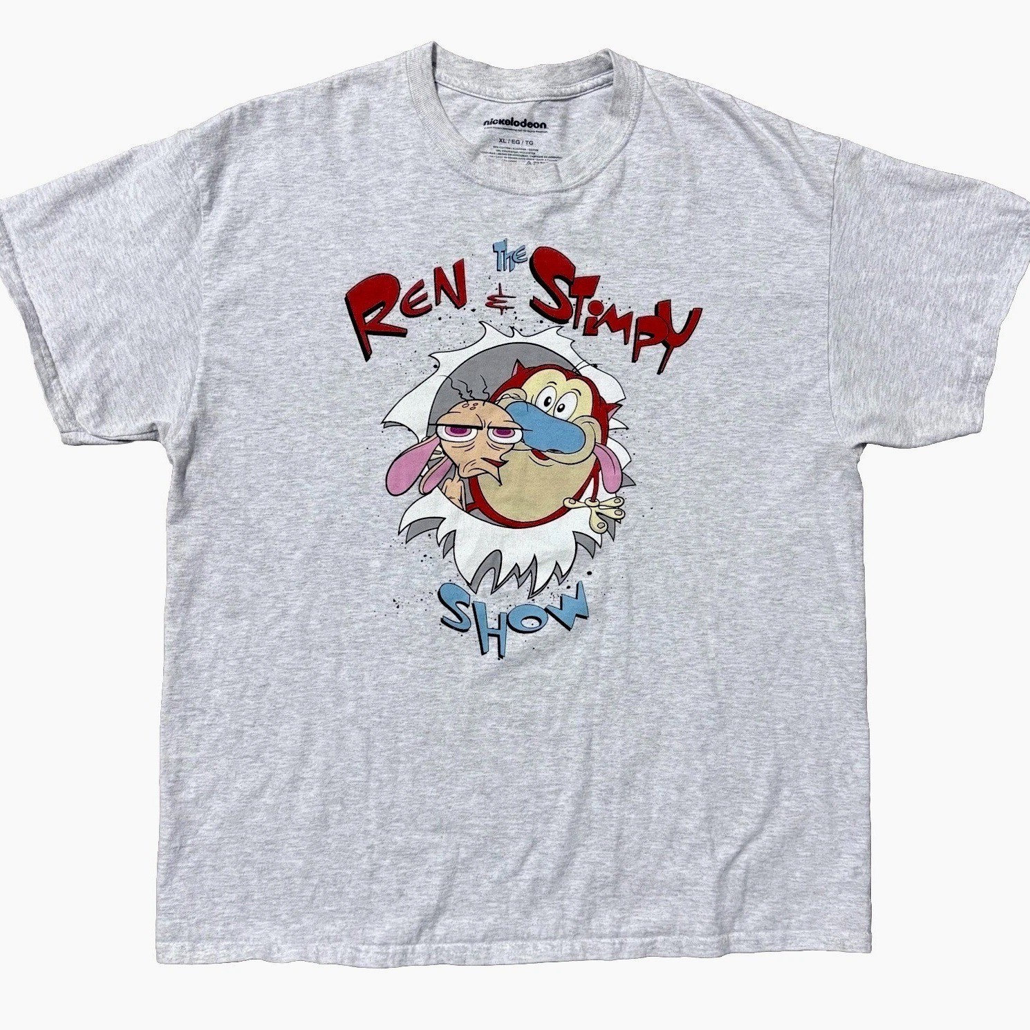 Ren & Stimpy Show T-Shirt XL Graphic Tee Gray 90s Y2K Retro Cartoon Nickelodeon