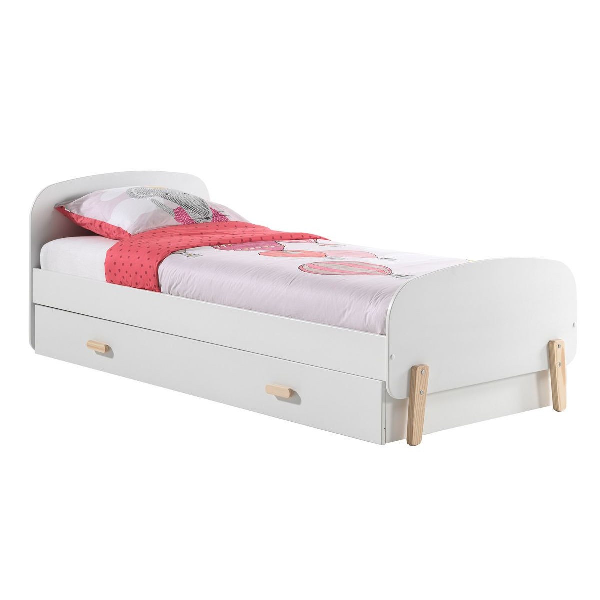 Lit enfant avec tiroir 90x200cm Kiddy blanc lit simple bois massif ado