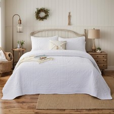 White Quilt King Size Cotton Matelasse Coverlet Set Farmhouse Cottage Premium...