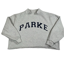Parke Varsity Mockneck Sweatshirt Light Grey Navy Pullover Top XXL Cropped