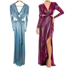 Mac Duggal NWT Ice Blue Princess Sleeve Cut Out Metallic Gown V-neck Size 2