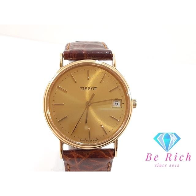 TISSOT C282.G Quartz Date Watch Gold Dial Brown Leather Swiss Made