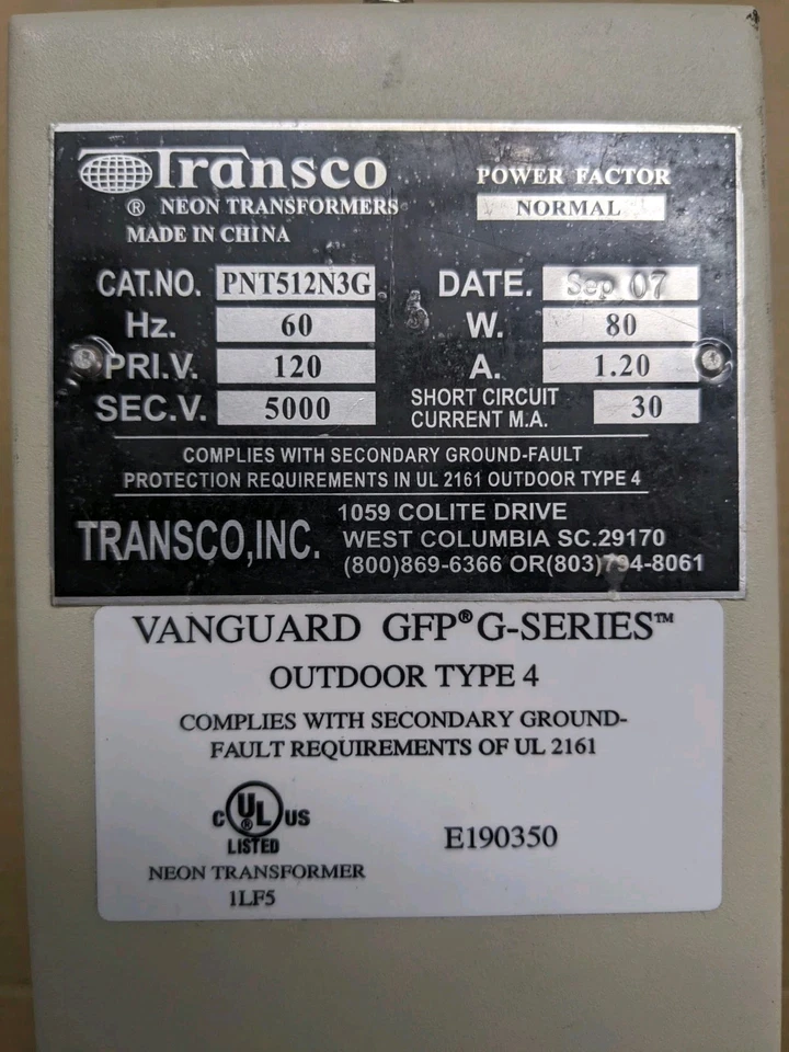 Transformador de neón Transco Vanguard GFP serie G PNT512N3G Poly-Trans tipo 4 Foto 2 de 4