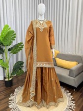 Attractive Designer 3Pc Silk Yellow Kurta Palazzo With Dupatta For Party Wear