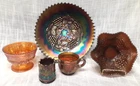 Antique LOT Of 5 NORTHWOOD Carnival Glass Blue Orange FENTON STORK Grape & Cable