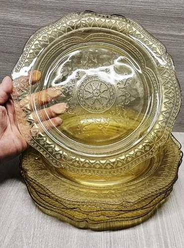 7 Patrician Spoke Federal Glass Amber Yellow Depression 11" Dinner Plate Vintage