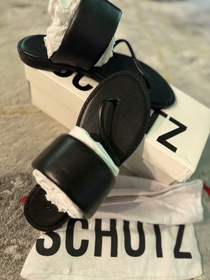 Schutz Alba Leather Flat Sandals Size 7, Black Color