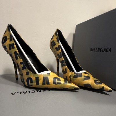 Balenciaga Pump Heels Yellow Black Caution Tape Logo Print Pointed Women's EU 38