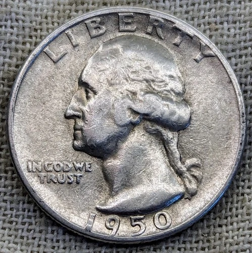 1950 S Washington Quarter VF : Very Fine, Lower Mintage 10.3M - .9 Fine Silver