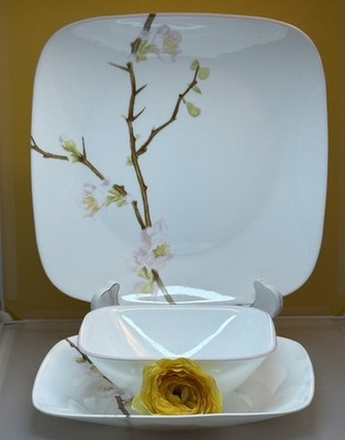 3 pc Corelle Cherry Blossom 10.5'' Square 1 Dinner Plate, 1 Salad Plate, 1 Bowl