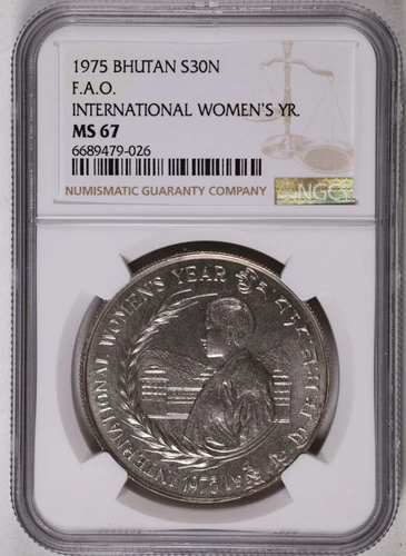 1975 Bhutan 30 Ngultrums FAO International Women's Year Silver NGC MS 67