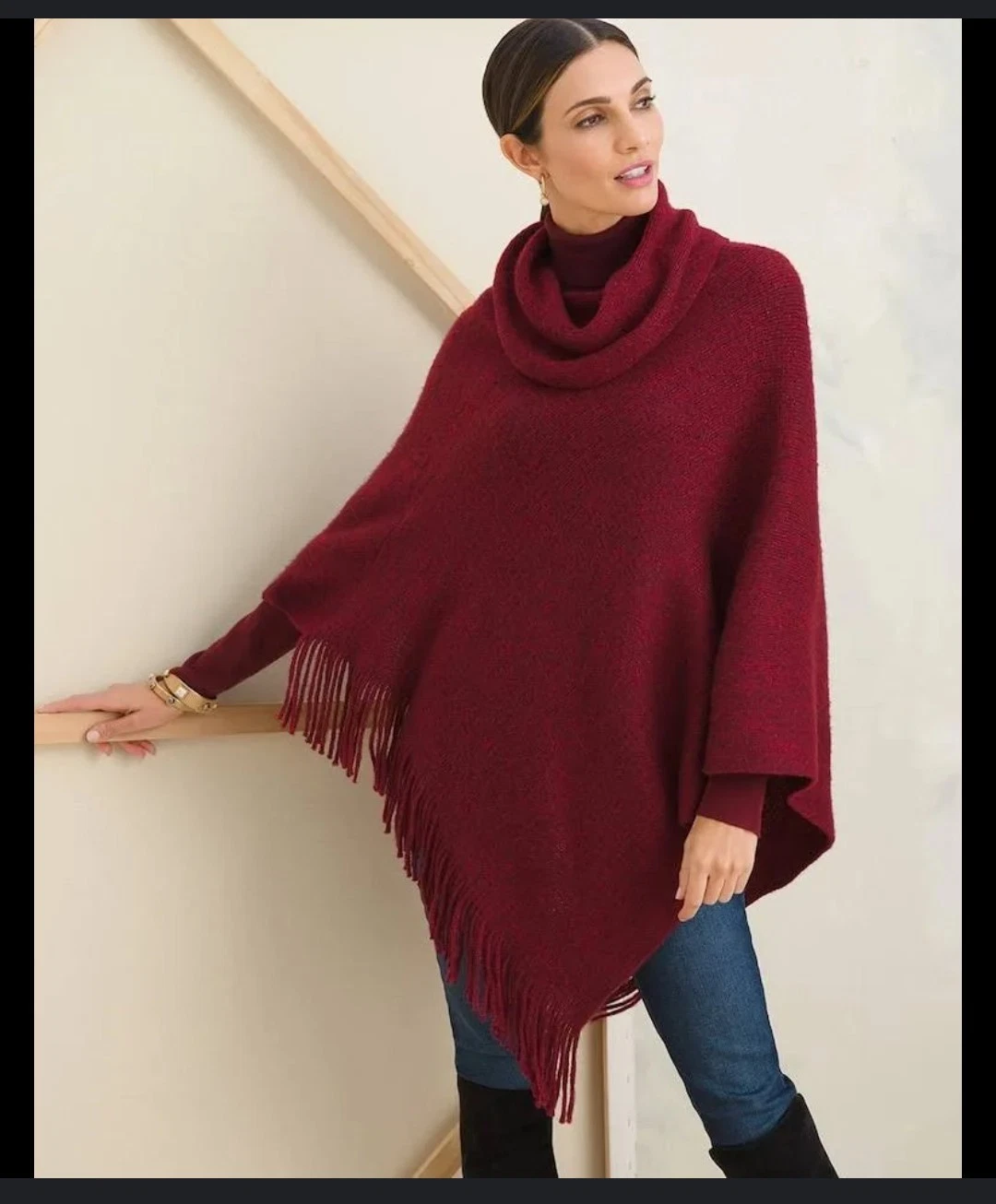 NOS Chico's $89.50 OS Women's Cowl-Neck Poncho Sweater Wild Poppy Burgundy Wine