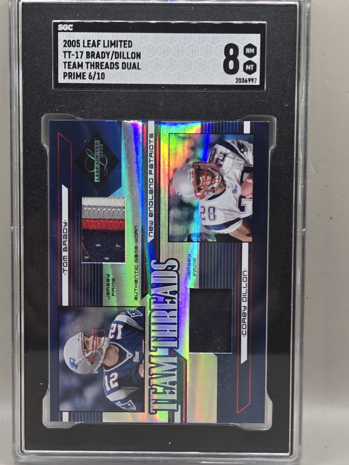 2005 Leaf Limited Team Threads Game-Worn Prime Patch Tom Brady Corey Dillon /10 