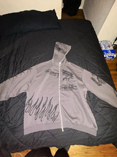 Beige Graphic Print Full Zip Hoodie Cotton Lo...