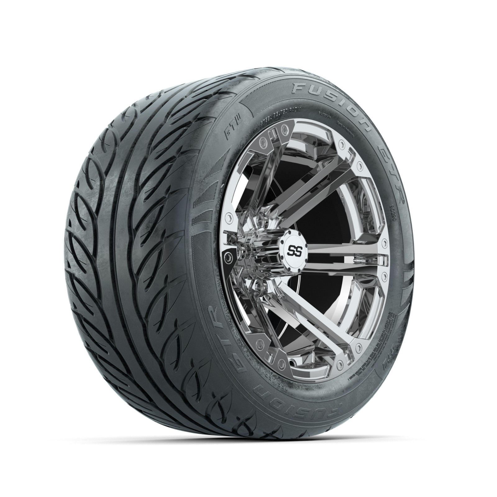 Set of 4 GTW 14" Specter Chrome Golf Cart Wheels on 23" Fusion GTR Radial Tires