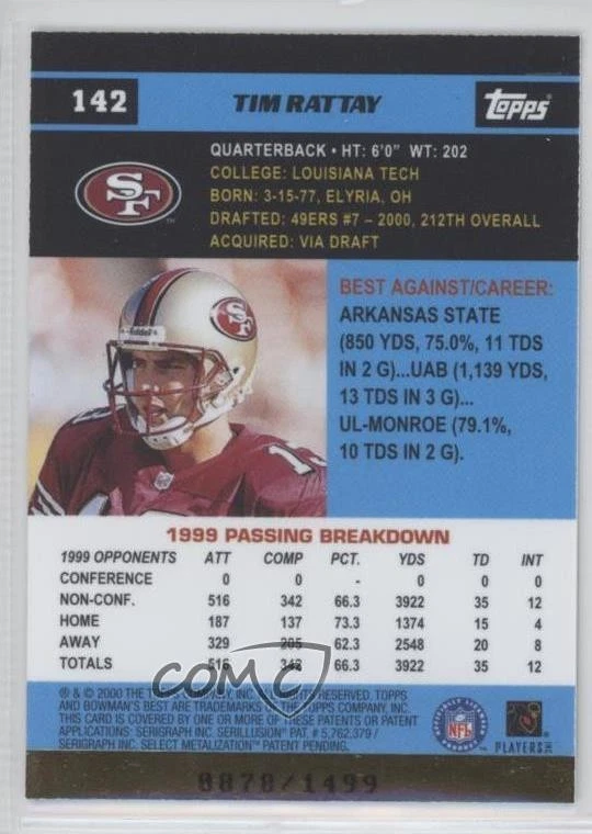 2000 Bowman's Best /1499 Tim Rattay #142 Rookie RC - Image 2 of 2