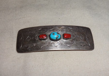 Vintage Native American Sterling Silver Turquoise Coral Barrett Hair Clip