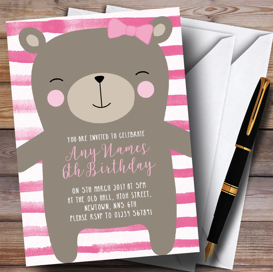 THECARDZOO Large Teddy Bear Pink Childrens Birthday Party Invitations