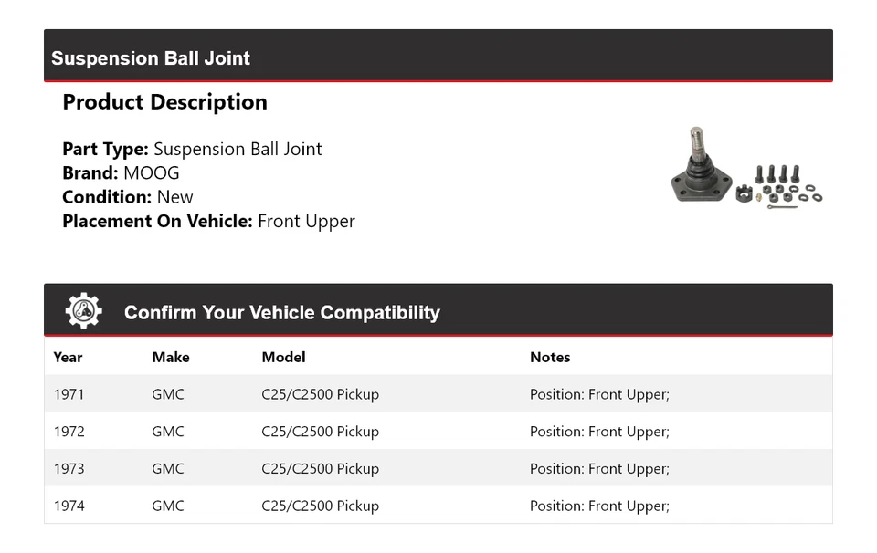 Para GMC C25/C2500 1971-1974 camioneta suspensión rótula delantera superior MOOG 1971 Foto 2 de 4