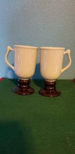 Set of 2 Hall Irish Coffee Mugs Vintage USA Pedestal Cups White Brown Base #1272