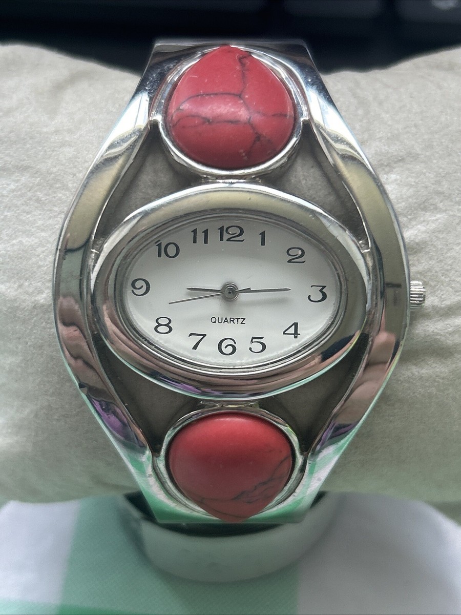 Red Stone Silver Tone Oval Face Women display picture 1