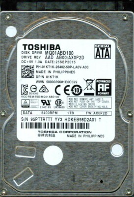 MQ01ABD100, AAD AB00/AX0P2D YY3 HDKEB98D2A01 T TOSHIBA SATA 1TB