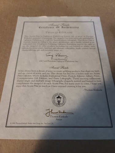 Thomas Kinkade "Come Inside for a Warm-up" Collector's Society Signed Certified - Picture 4 of 5