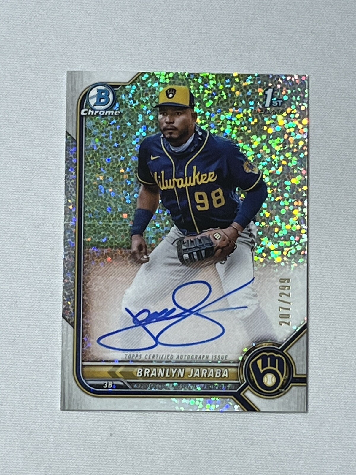 BRANLYN JARABA 2022 BOWMAN CHROME 1ST BOWMAN SPECKLE AUTO /299 BREWERS AUTOGRAPH