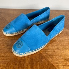 Tory Burch Espadrille Sandals 7M Blue Gentian Suede Leather Cap Toe Logo Flats